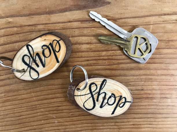 "Shop" wood slice keychains