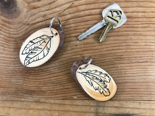 Feathers, "Nature Hike" wood slice keychains
